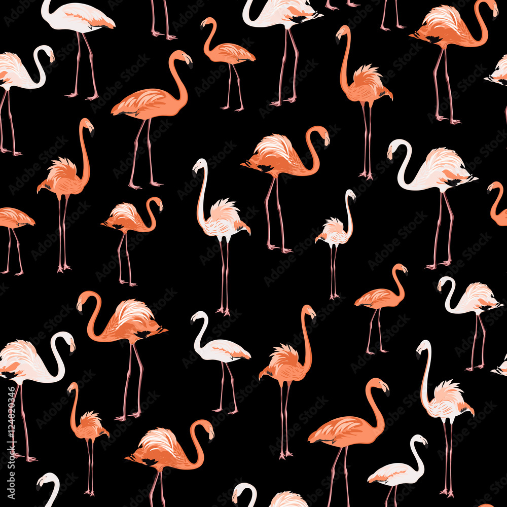 Naklejka premium Pink white flamingo birds on black background