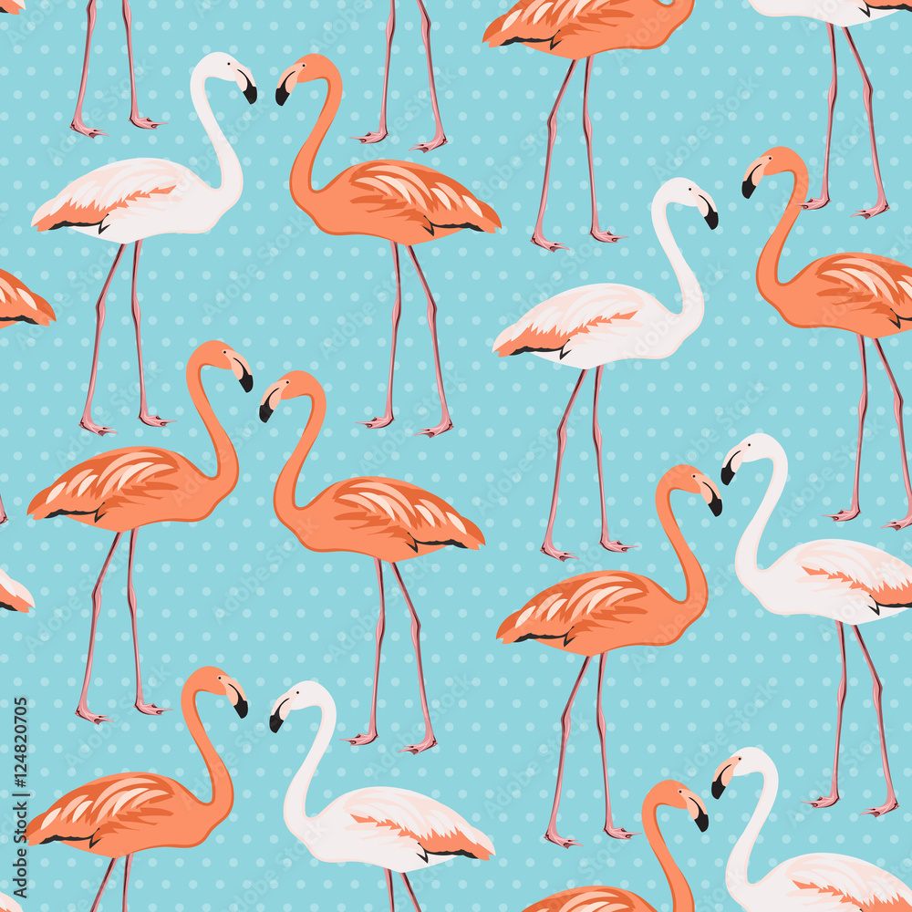 Obraz premium Flamingo couple seamless pattern on blue polka dot