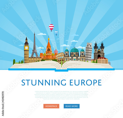 Stunning europe poster with Eiffel Tower, Leaning Tower, Big Ben, Kremlin and others famous architectural attractions on big open book vector illustration. Time to travel concept. Worldwide traveling