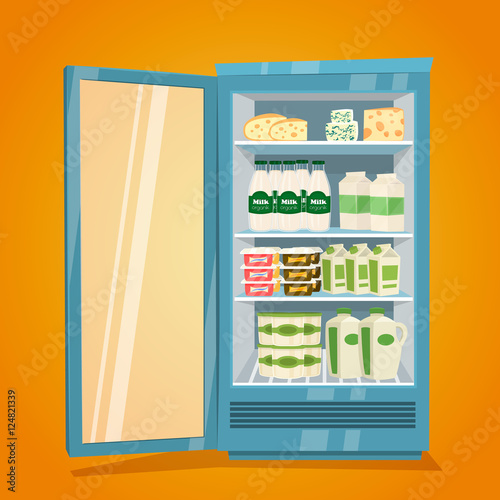 Commercial refrigerator full of dairy products. Opened fridge filled with bottles and packs of milk, yogurt, cheese, sour cream vector illustration on orange background. Saving freshness of products