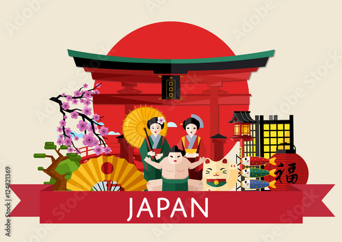 Japan famous traditional symbols on background of red sun circle with torii gate, isolated vector illustration. Travel concept with girl in traditional kimono, fan and sumo wrestler. Japanese culture