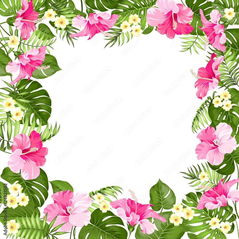 Tropical flower frame with place for summer holidays text. Vector illustration.