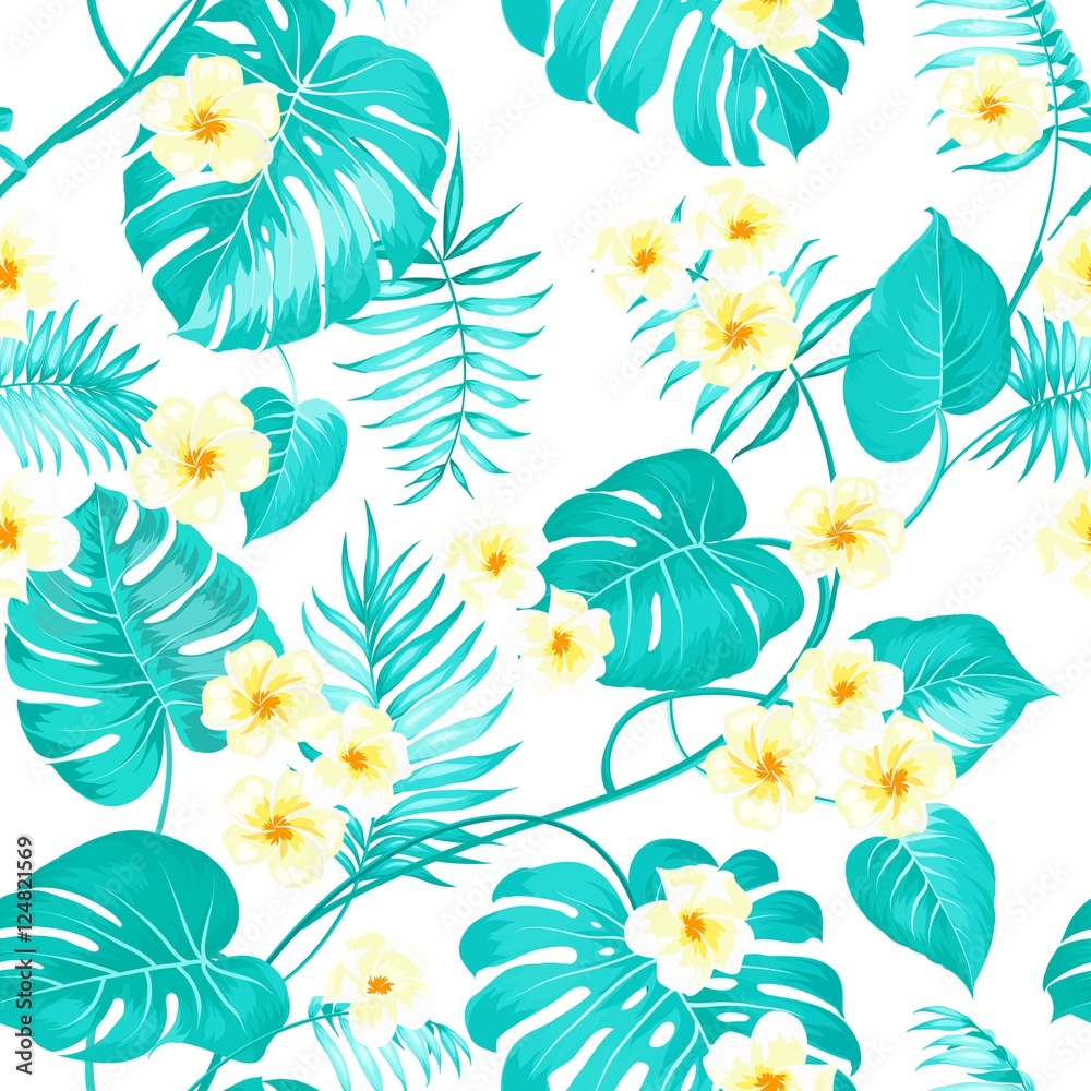 Tropical flowers and jungle palms. Beautiful fabric pattern with a yellow plumeria isolated over green palm leaves. Seamless texture. Vector illustration.