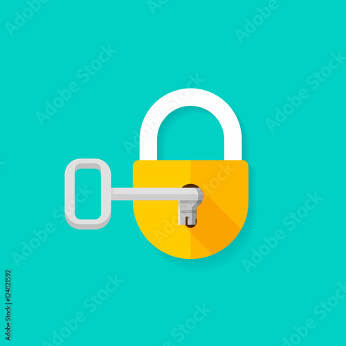 Key in keyhole of closed padlock vector illustration, flat cartoon style key opening lock icon