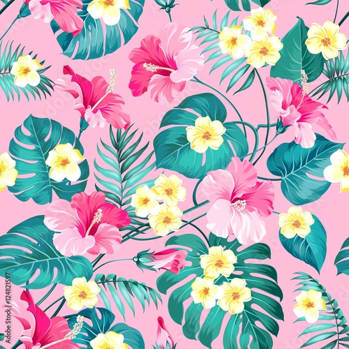 Sepia tropical flowers and jungle palms. Beautiful fabric pattern with a tropical plumeria isolated over pink background. Blossom plumeria for seamless pattern background.