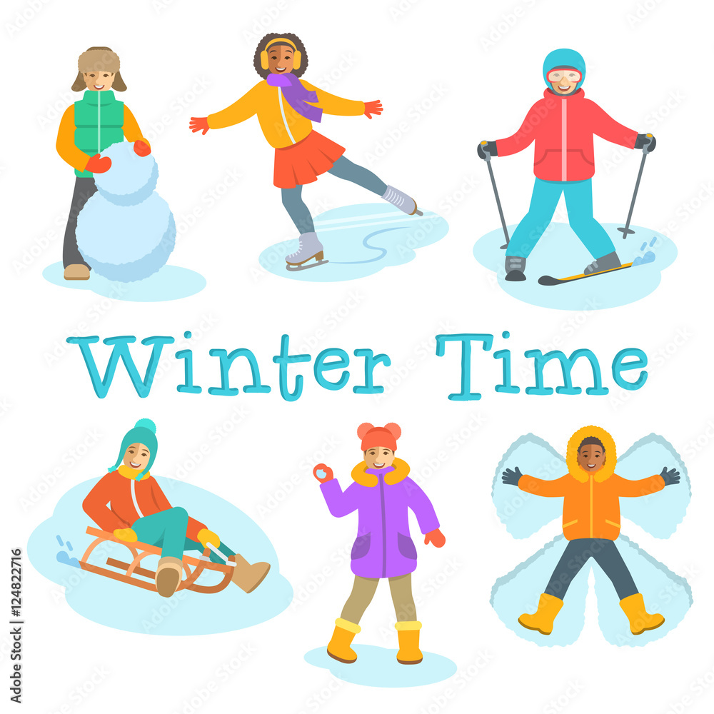 Kids winter activities. Children in warm clothes play outdoor games on Christmas holidays. Boy makes snowman, snow angel, skiing, girl skating on ice, playing snowballs, slides on sled. Vector cartoon Kids winter activities. Children in warm clothes play outdoor games on Christmas holidays. Boy makes snowman, snow angel, skiing, girl skating on ice, playing snowballs, slides on sled. Vector cartoon