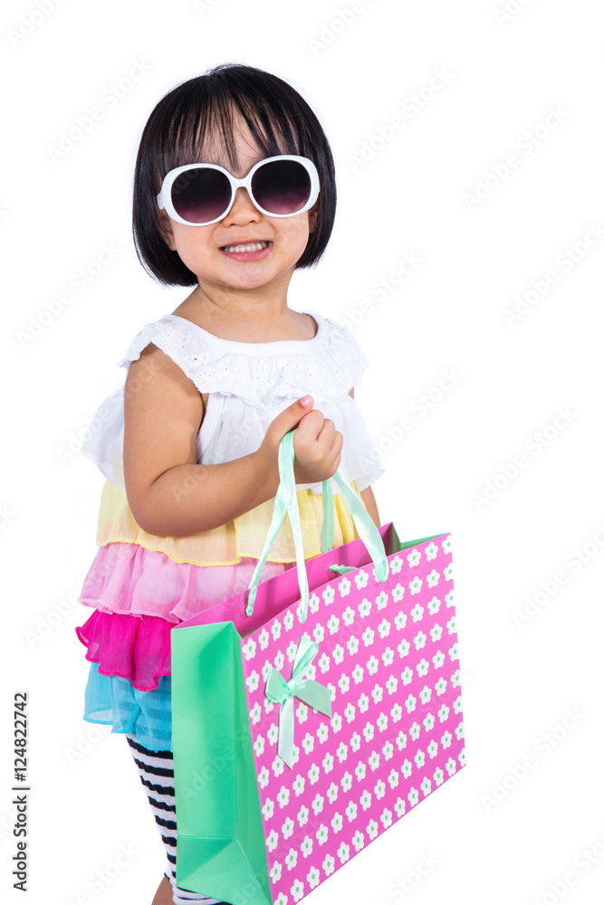 Happy Asian Chinese Little Girl Holding Shopping Bags Happy Asian Chinese Little Girl Holding Shopping Bags