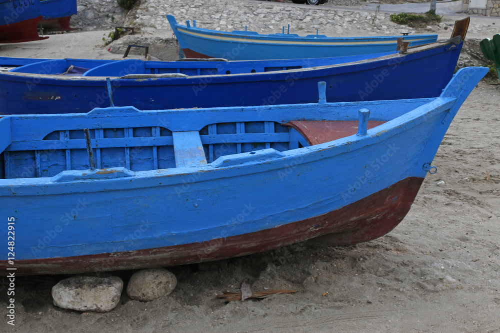 old blue wooden boats