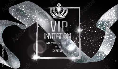 VIP Invitation card with sparkling silver curly ribbon, frame and crown