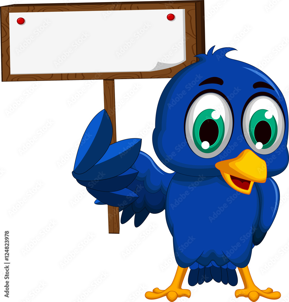 cute blue bird cartoon holding blank board Stock Illustration | Adobe Stock