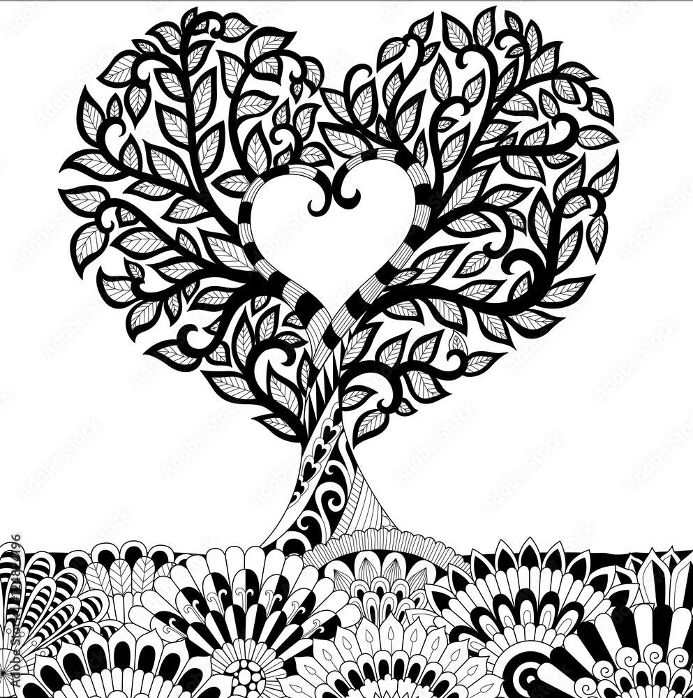 Flowers in heart shape on the ground line art design for coloring book for  adult, tattoo, T- Shirt graphic, cards and so on Stock Vector | Adobe Stock