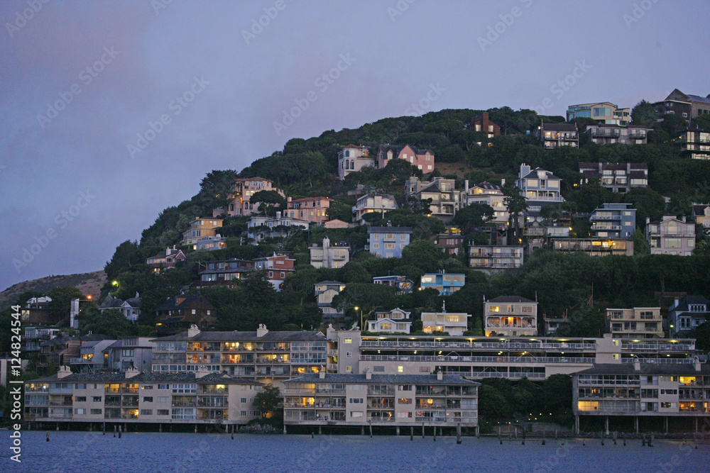 houses on hill by water