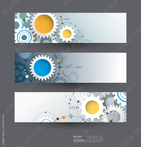 Vector abstract gear wheel and circuit board, banners set. High tech technology and engineering background, machine technology futuristic concept. Vector technology for web banner template or brochure