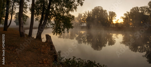 Misty dawn on the river Zilim. Bashkortostan photo