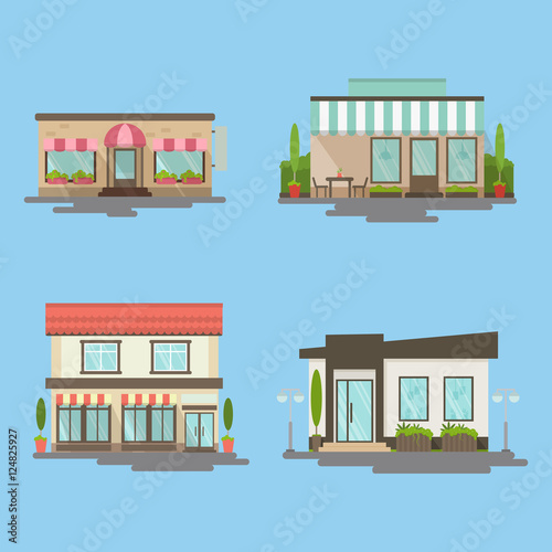 Isolated cafes set on blue background. Different facades of buildings woth windows, landscape and doors. Idea of shops, cafes, restaurants and more.