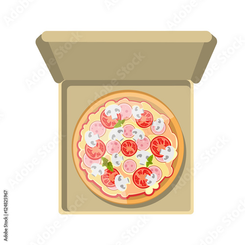 European pizza in box. Isolated fresh and tasty italian snack on white background. Pizza with tomatoes, ham and cheese.