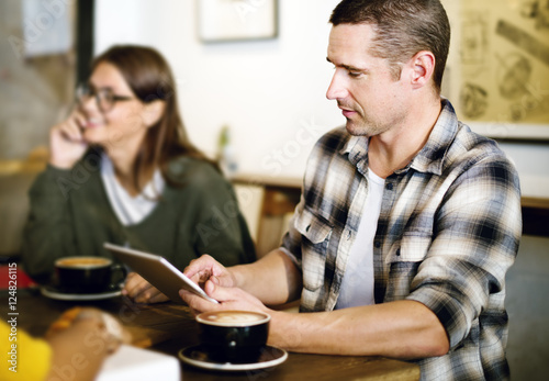 Coffee Shop People Meeting Browsing Device Concept