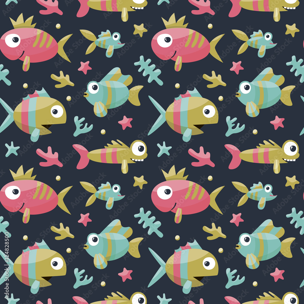 Marine cute seamless pattern with fishes, algae, starfish, coral, seabed, bubble for kids
