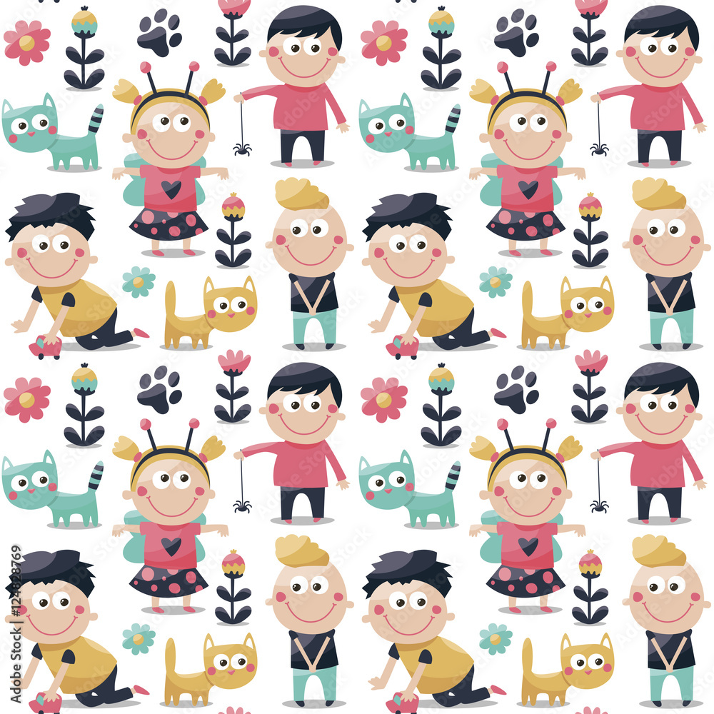 Seamless children cute pattern made with cats, kids, toys, flowers, babies