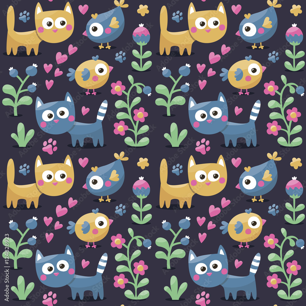 Seamless cute winter pattern made with cats, flowers, plants, footmark, hearts, berries Seamless cute winter pattern made with cats, flowers, plants, footmark, hearts, berries
