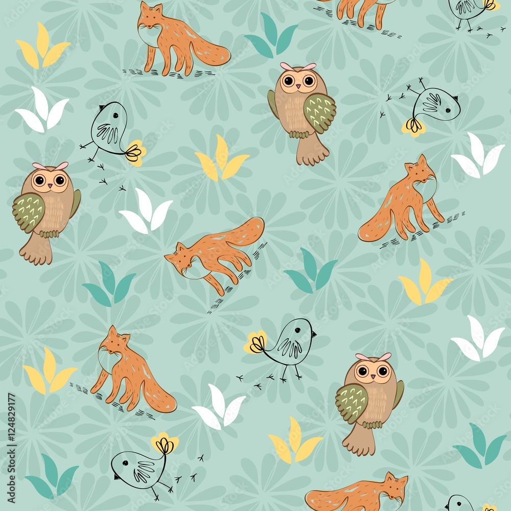 Obraz premium vector cute seamless pattern with fox and owl.