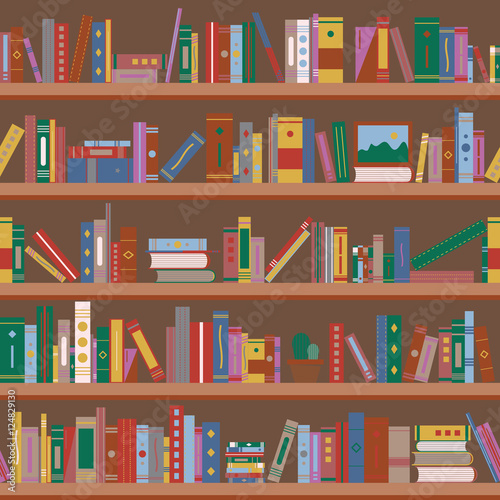 Books On Bookshelves. Seamless Pattern. Flat Style Vector Illustration.