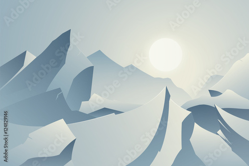 Winter Mountain Landscape Card. Cold Sunrise / Sunset On Vector Illustration.