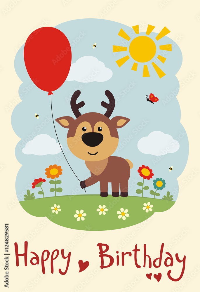 Happy birthday! Funny deer with balloon on flower meadow. Card in cartoon style. Happy birthday! Funny deer with balloon on flower meadow. Card in cartoon style.