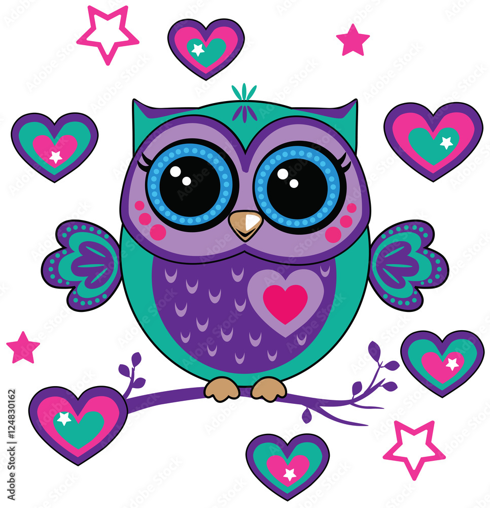 Fototapeta premium Cute funny owl. Forest bird heart and stars. Decorative and style toy, doll. Wonderland. Magic, fabulous story. Isolated children's cartoon illustration, for print or sticker. White background. Vector