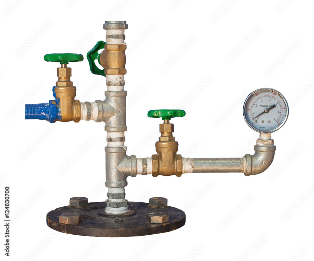 Water gauge pressure and valve isolated on white background. Water gauge pressure and valve isolated on white background.