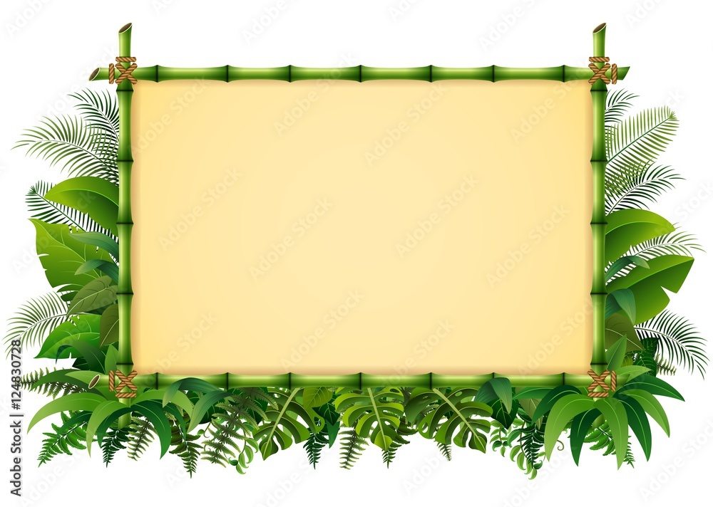 Obraz premium Tropical floral design background with green bamboo frame