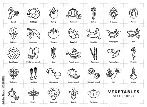 Fototapeta Warzywa ikona na białym tle, logo przyprawy. Modny styl cienkiej linii. Świeże wegetariańskie jedzenie, ogród warzywny: pomidor, sałatka, marchewka, pieprz, dynia, groch, cebula, koperek, pietruszka itp. Vector