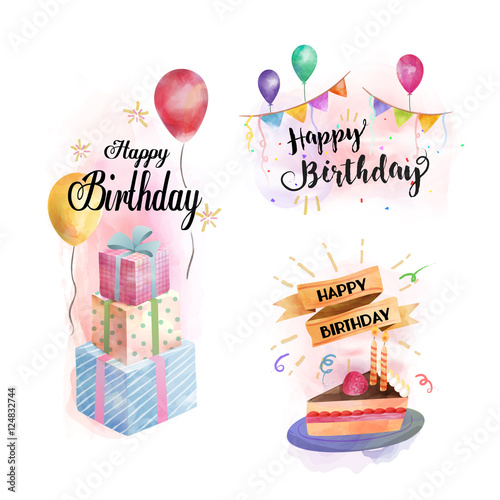 Canvas Print Happy birthday watercolor elements