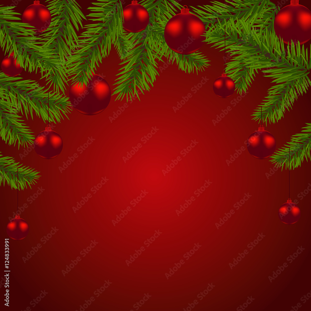 Green fir branches with red balls. Christmas decorations. Christmas symbol. New Year. On red background. illustration