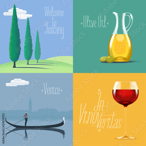 Set of vector posters, flyers, postcards, designs, illustration for Italy