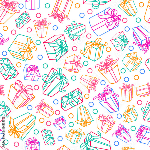 Vector seamless white pattern with multicolor outline gift boxes and ribbons....