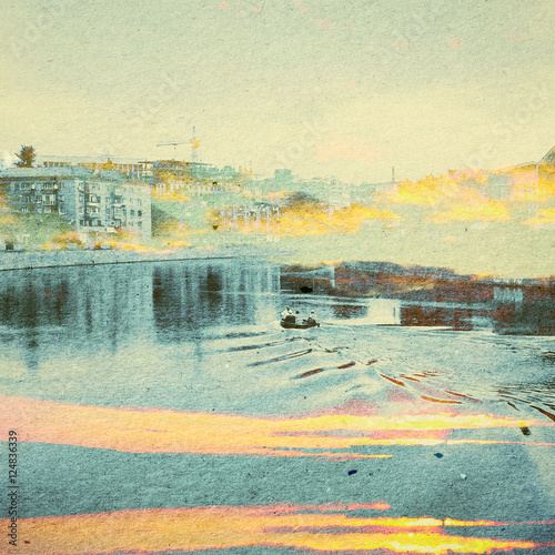 Fantasy Ecology Abstract Background. Urban Landscape Mixed with the Natural on Paper Texture. Vintage Retro Style