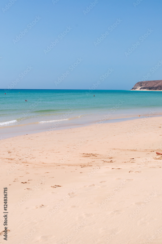 Fuerteventura, Isole Canarie: vista di Playa de Jandia, una delle spiagge più famose dell'isola, lungo la Costa Calma, il 4 settembre 2016