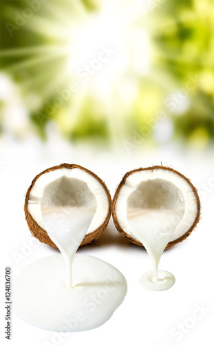 Isolated image of coconut and coconut milk closeup