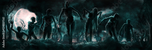 Banner with zombies silhouettes. Night banner with a group of zombies, cemetery, moon, trees, grass
