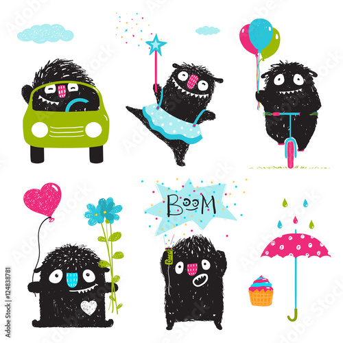 Set of funny kids black monsters activities for children graphic design