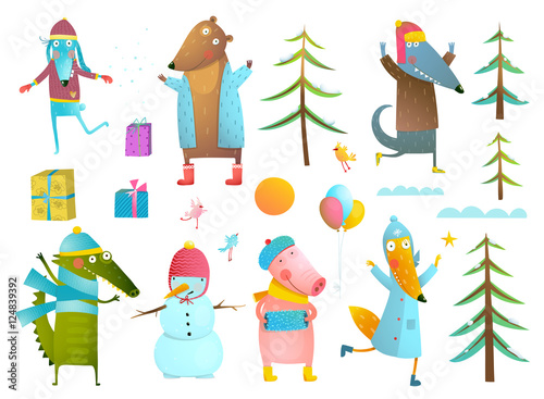 Winter season holiday animals clip art collection for kids