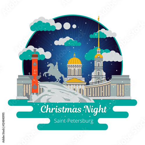 Christmas night in Saint-Petersburg. Flat cityscape. Vector illustration.