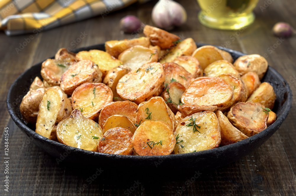 Fried potatoes in a frying pan