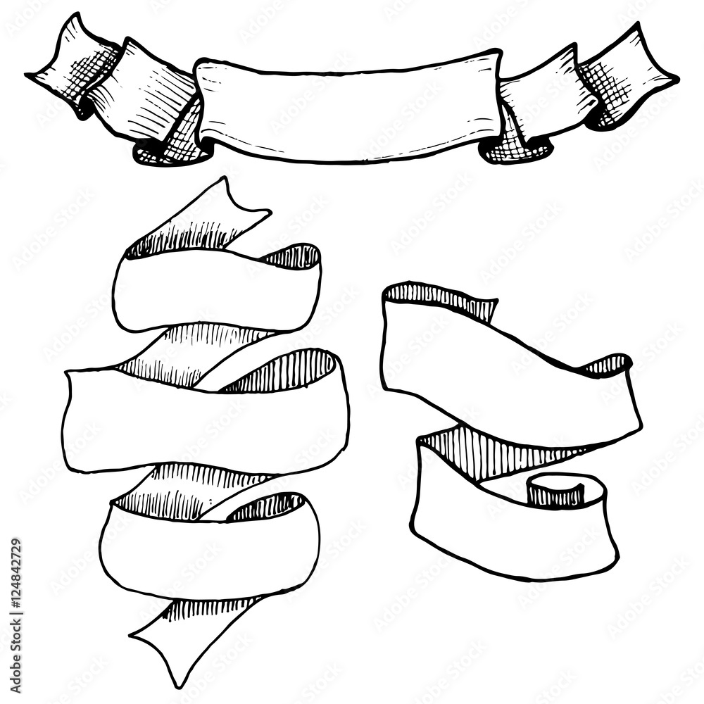 Rustic Ribbon Drawing Set of elegant vintage hand drawn sketchy ribbons, isolated on white ...