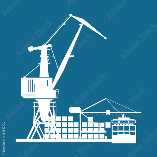 Cargo Seaport Isolated on Blue , Unloading Containers from a Cargo Ship in a Docks with Cargo Crane, Silhouette Container Ship at the Dock, International Freight Transportation, Vector Illustration