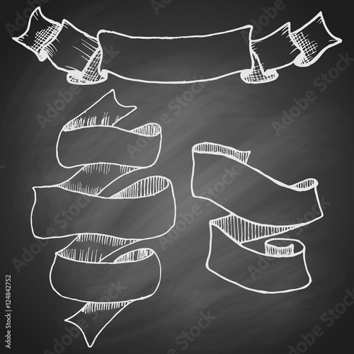 Set of vintage hand drawn curly ribbons on black chalkboard background. Vector illustration.