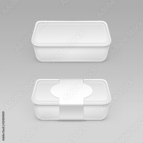 VWhite Blank Food Plastic Box Container for Cheese, Ice cream, Sour cream with Label Close up Isolated on Background photo