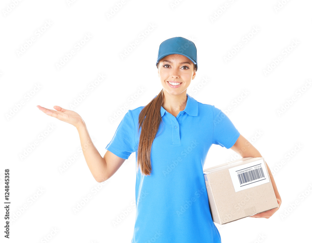 Delivery woman in uniform with parcel on white background