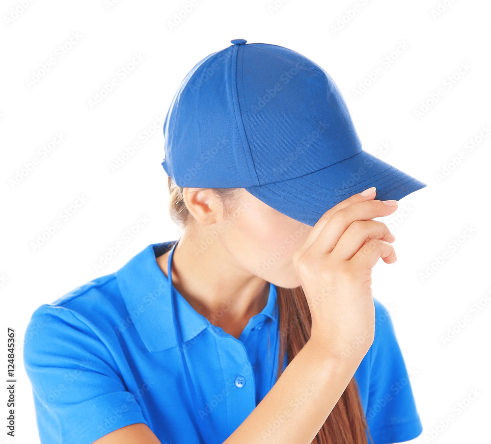 Delivery woman in uniform on white background, closeup
